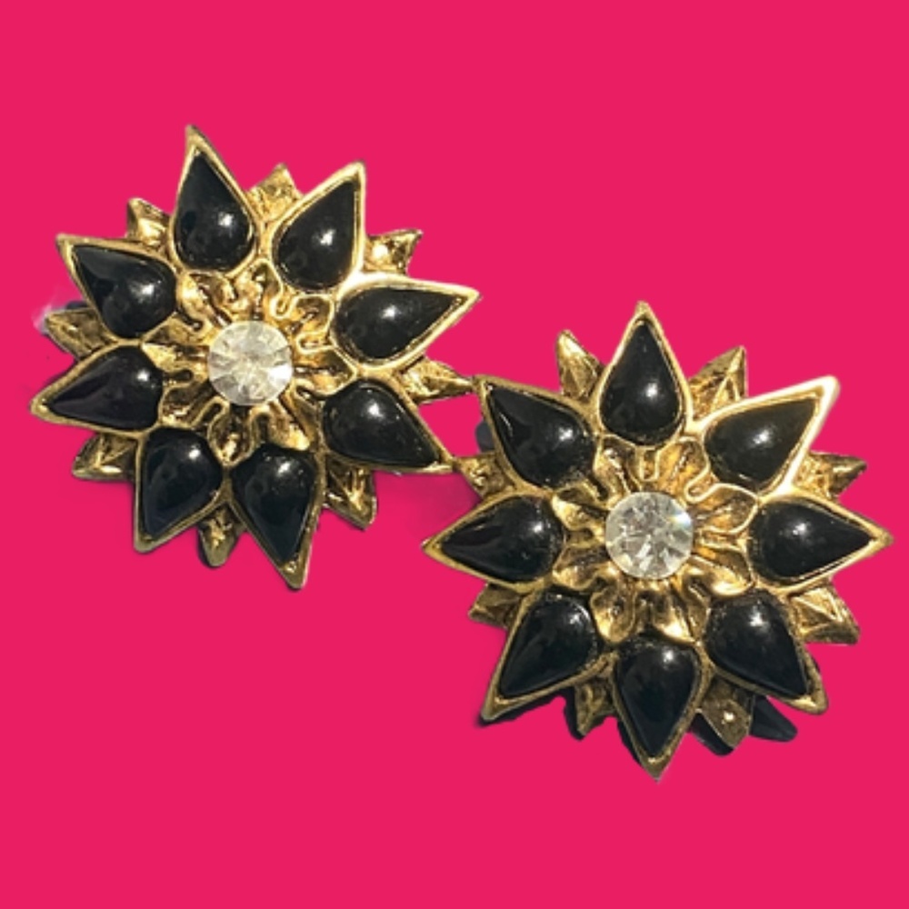 VINTAGE CRAFT BLACK, GOLD, CRYSTAL CLIP ON EARRINGS​